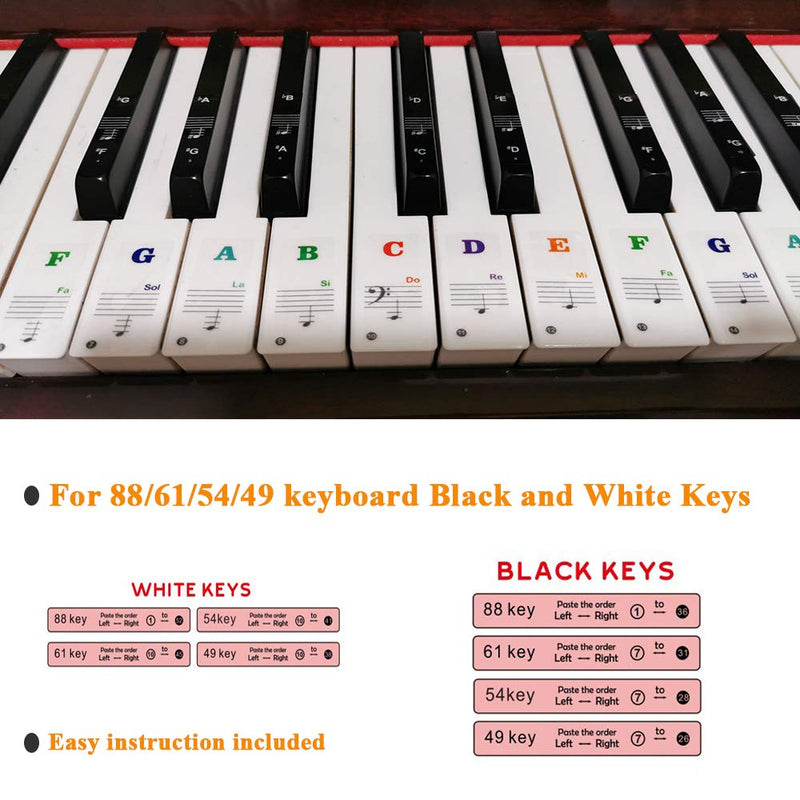 IHUKEIT Piano Stickers for Keys - Removable Piano Key Stickers for 88/61/54/49 Keyboards Full Set Black and White Key Music Note Stickers for Both Adult and Kids Beginners - Bigger Colorful Letters