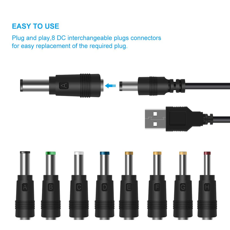 LANMU USB to DC Power Cable, Universal 5V DC Power Cord with 8 Connectors (6.4x4.4, 6.3x3.0, 5.5x2.5, 5.5x2.1, 5.5x1.7, 4.8x1.7, 4.0x1.7, 3.5x1.35), for Router,Mini Fan,Speaker and More 5V Devices 8 in 1 Black