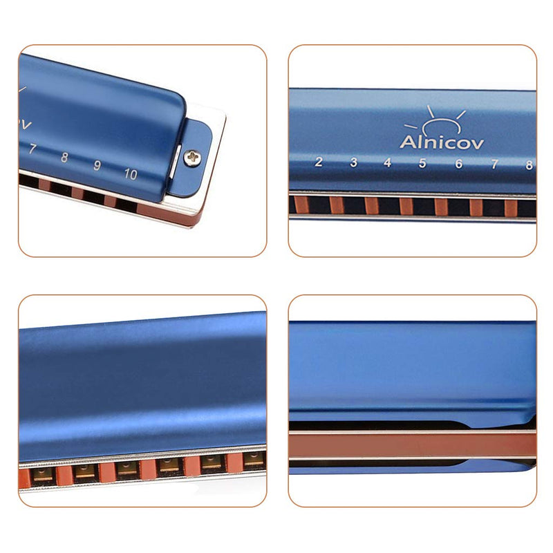 Alnicov Deluxe Blues Harmonica in Key of C Diatonic/10 Holes Mouth Organ Instrument with Case and Cleaning Cloth for Students,Adults,Professionals Gifts - Blue