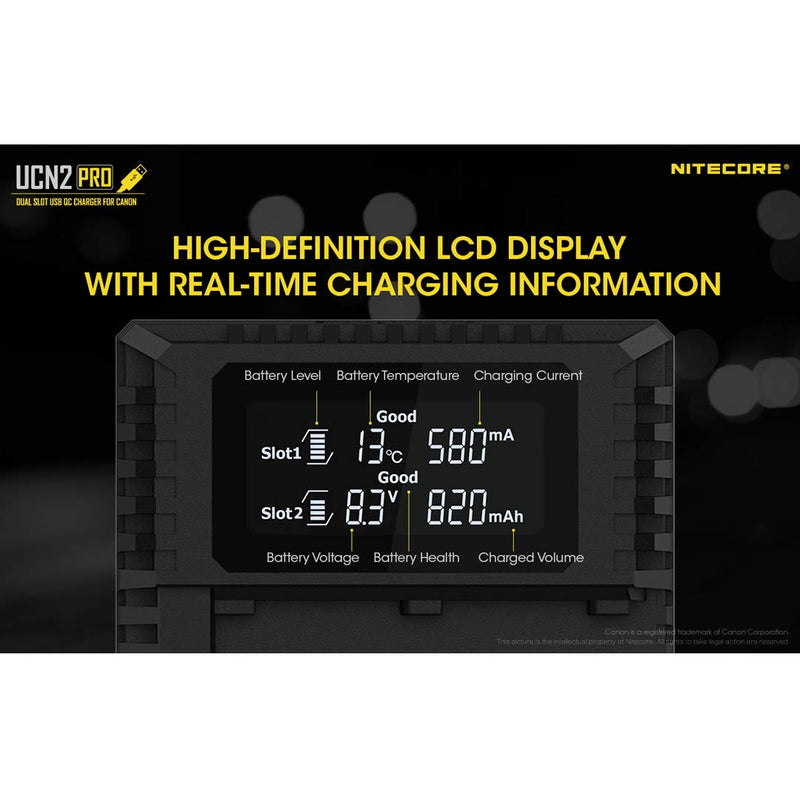 NITECORE UCN2 Pro Dual-Slot Fast Digital USB Charger Compatible with Canon LP-E6N Camera Batteries for Canon EOS 80D & EOS 7D Mark II