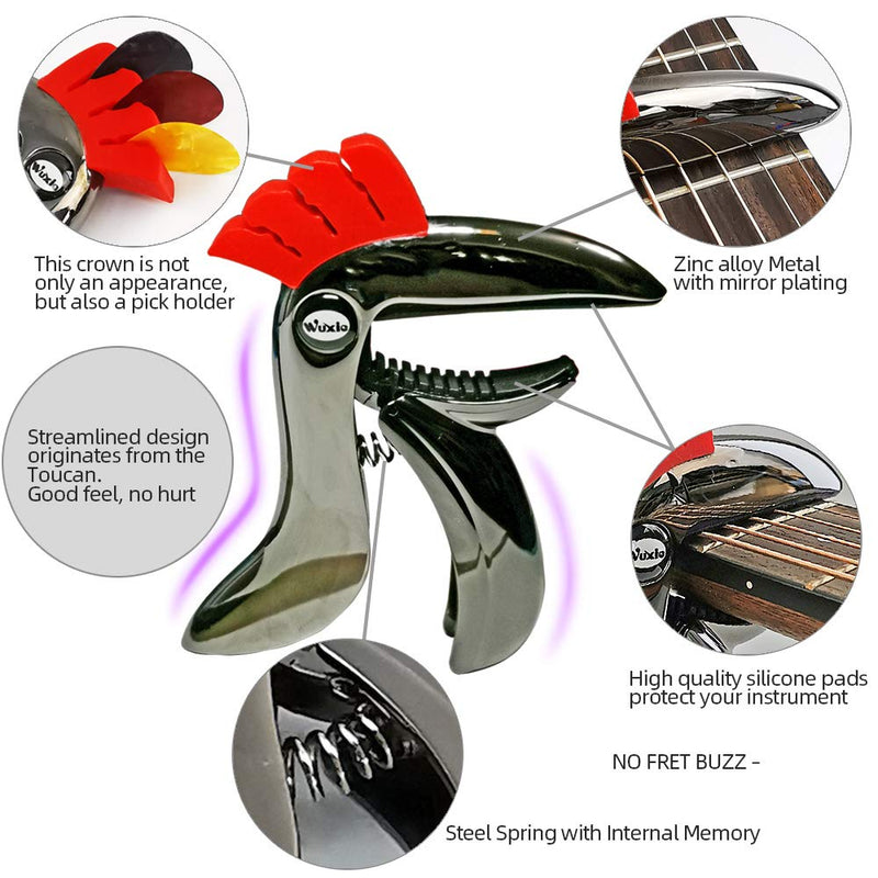 Wuxic Toucan Guitar Capo for Acoustic Folk and Electric Guitars,Ukulele,Banjo and Mandolin. Guitar Accessories(with Pick Holder) (Gun -black) Gun -black