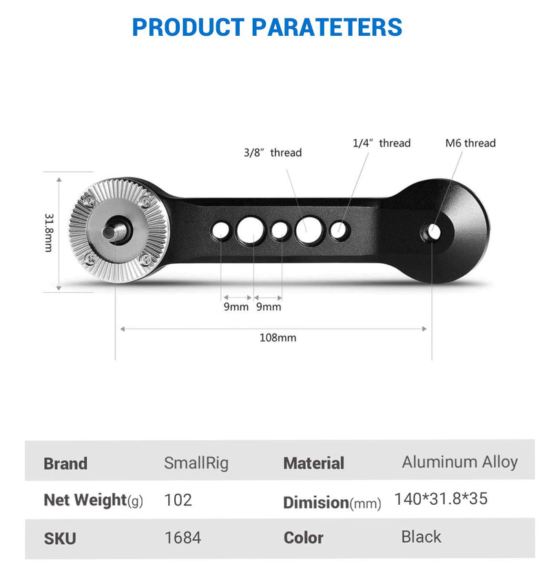SMALLRIG Rosette Extension Arm Dogbone for Rosette Handle, Rosette Mount Camera Cage Rig Accessories - 1684 Short