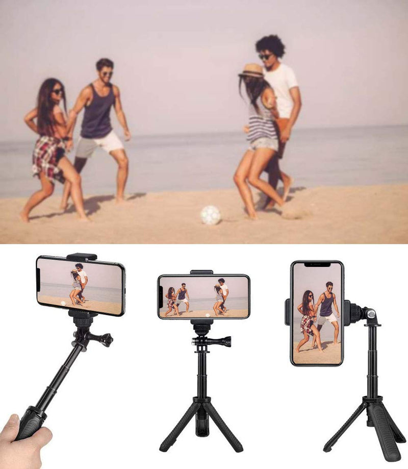 Mini Selfie Stick Tripod Kit 2-in-1, Compatible with Hero 9/8/ 7/6/MAX/OSMO/ACTION Action Cameras and Smartphones, 1/4 inch Screw Fixed, with 3-Level Telescopic Function Tripod（Black） Black