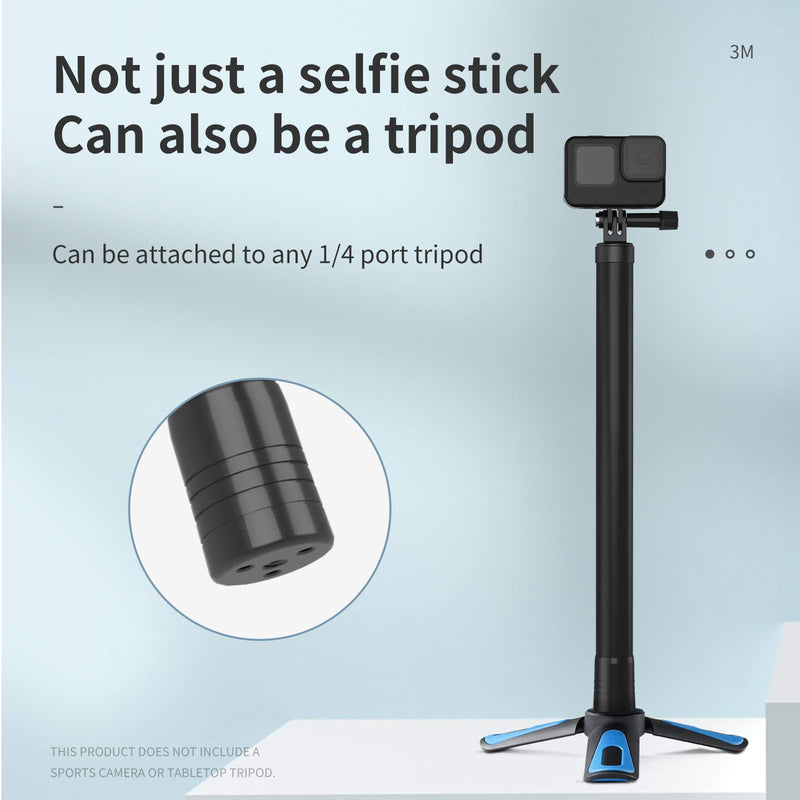 TELESIN 118"/3 Meters Ultra Long Selfie Stick for GoPro Max Hero 9 8 7 6 5 4 3+, Insta 360 One R One X, DJI Osmo Action, Extendable at 6 Lengths Carbon Fiber Lightweight Pole Monopod 3 Meters