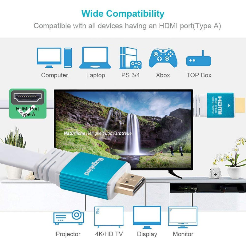 4K Flat HDMI Cable 15ft - Bugubird High Speed 18Gbps HDMI 2.0 Cable with Ethernet Support 4K @60Hz Ultra HD 2160P 1080P 3D HDR and Audio Return(ARC) - 3 Colors and Multiple Lengths are Available light blue+white