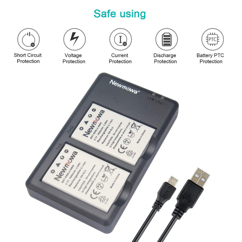 Newmowa EN-EL5 Replacment Battery (2-Pack) and Dual USB Charger Kit for Nikon Coolpix 3700, 4200, 5200, 5900, 7900, P3, P4, P80, P90, P100, P500, P510, P520, P530, P5000, P5100, P6000, S10 Cameras