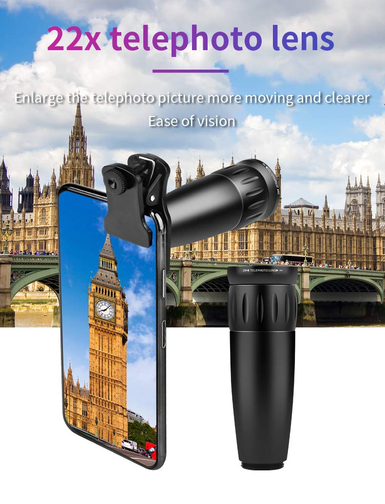 Phone Camera Lens Phone Lens 22X Telephoto Lens, 4K HD 0.67X Super Wide Angle Lens&25X Macro Lens, 205° Fisheye Lens, Work as Telescope with Metal Tripod