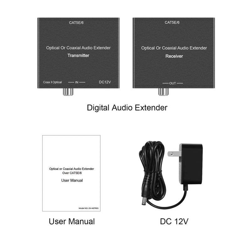 Digital Audio Extender Digital Optical/Coaxial Digital Audio Extender/Converter Over Single Cat5e/6 Cable (PoC) up to 500’ Standard Supported for LPCM, DD5.1, DTS, and D True HD