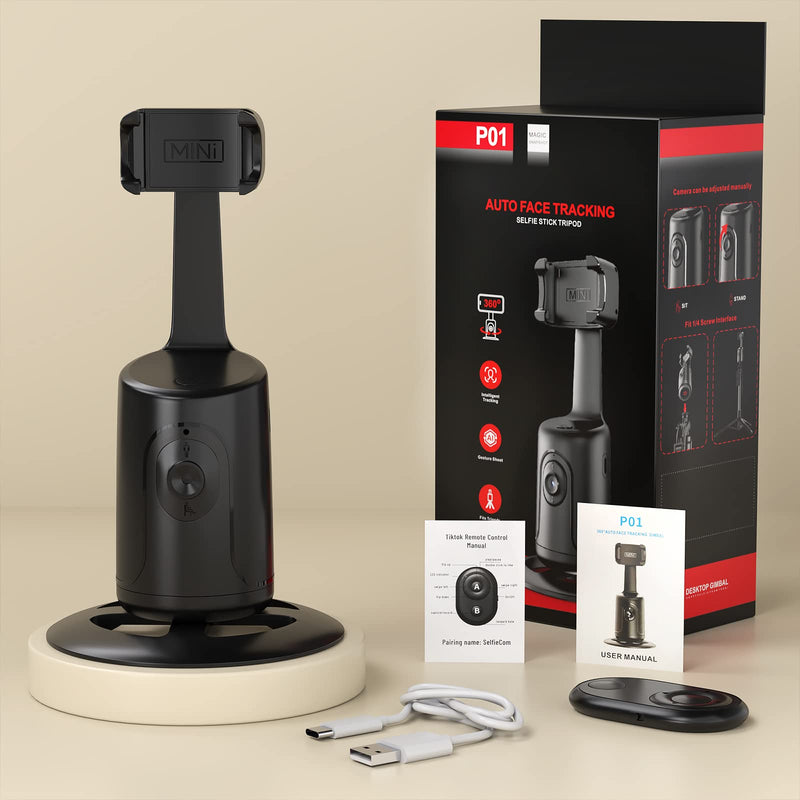 Auto Face Tracking Tripod - 360° Rotation Auto Tracking Phone Holder, No App, Phone Camera Mount with Remote and Gesture Control, Rechargeable Smart Shooting Holder for Video Recording, Tiktok Black