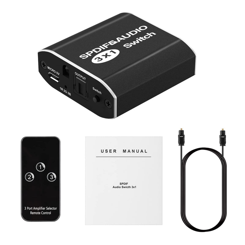 Tendak Digital Optical Audio Switch,3 in 1 Out SPDIF/TosLink Audio Switch with IR Remote Control, 3 Port Optical Switches for Apple TV PS4 Xbox Blu-ray Player