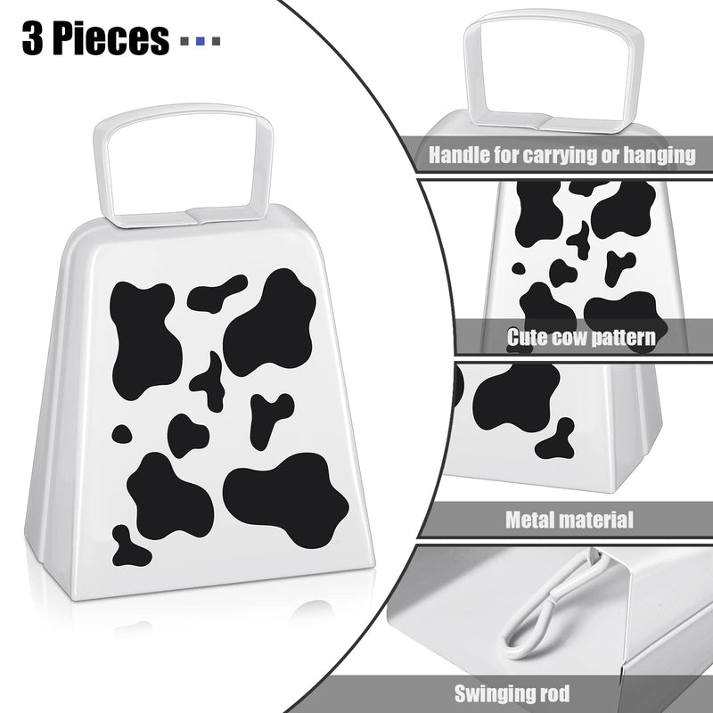 3 Pieces Cow Bell with Handle Cow Print Cowbell Cheering Bell Metal Noise Maker School Bells Loud Call Bells for Ball Games Football Hockey Sports Event Classroom Wedding Farm