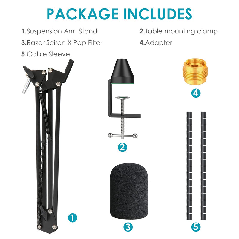 YOUSHARES Razer Seiren X Mic Stand with Foam Mic Cover - Mic Boom Arm Stand with Windscreen Pop Filter Compatible with Razer Seiren X Microphone
