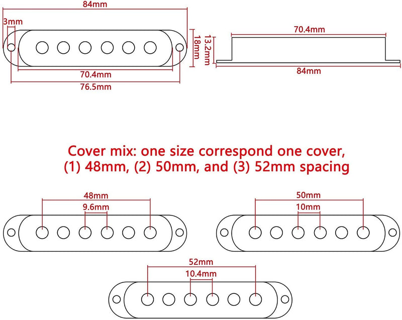 Swhmc Guitar Switch Tip 3 Pickup Cover 2 Tone 1 Volume Knobs Set Black for Strat(48-50-52mm) 48-50-52mm