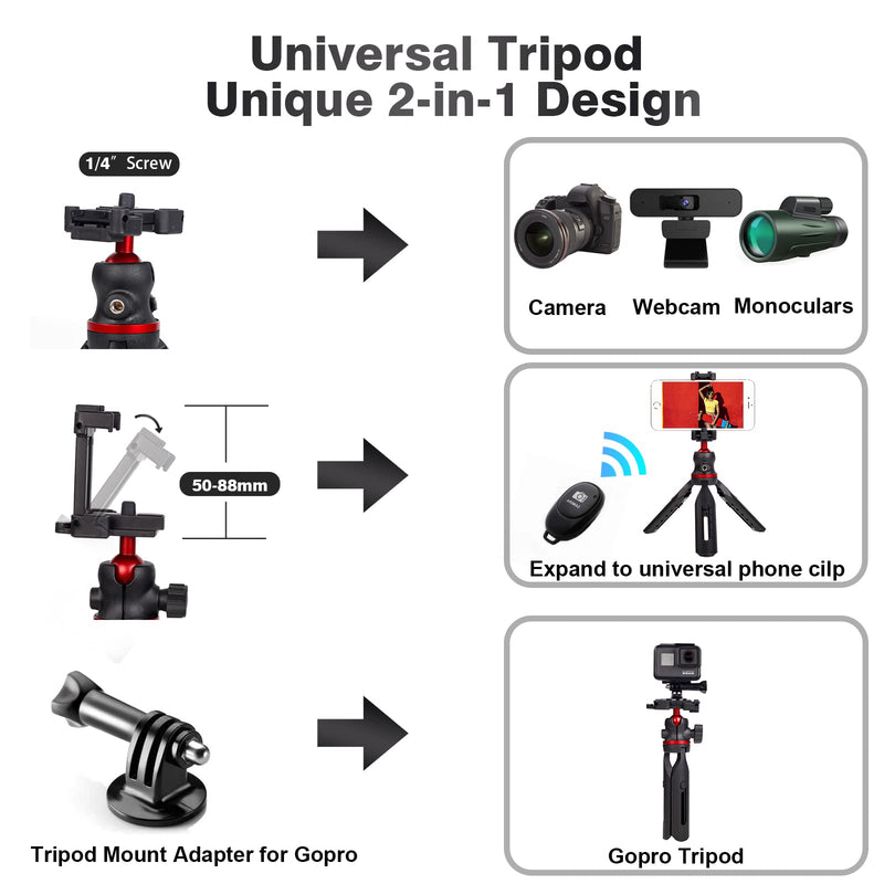 LCNCY Mini Tripod for Camera and Phone - Gopro Tripod - Pocket Tripod - Desk Webcam Tripod - DSLR Mini Tripod - Small iPhone Tripod with Universal Phone Mount and Remote black