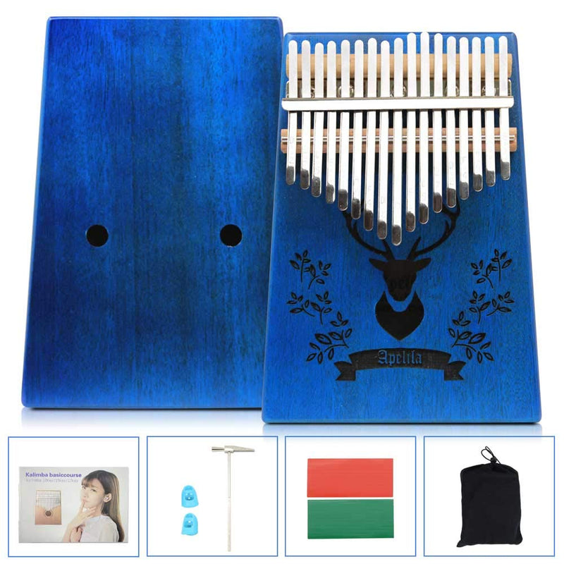 Apelila 17 Key Kalimba Thumb Piano, Solid Mahogany Wood Body Finger Piano with Tune Hammer,Carry Bag,Pickup,Key Stickers (Blue Deer) Blue Deer