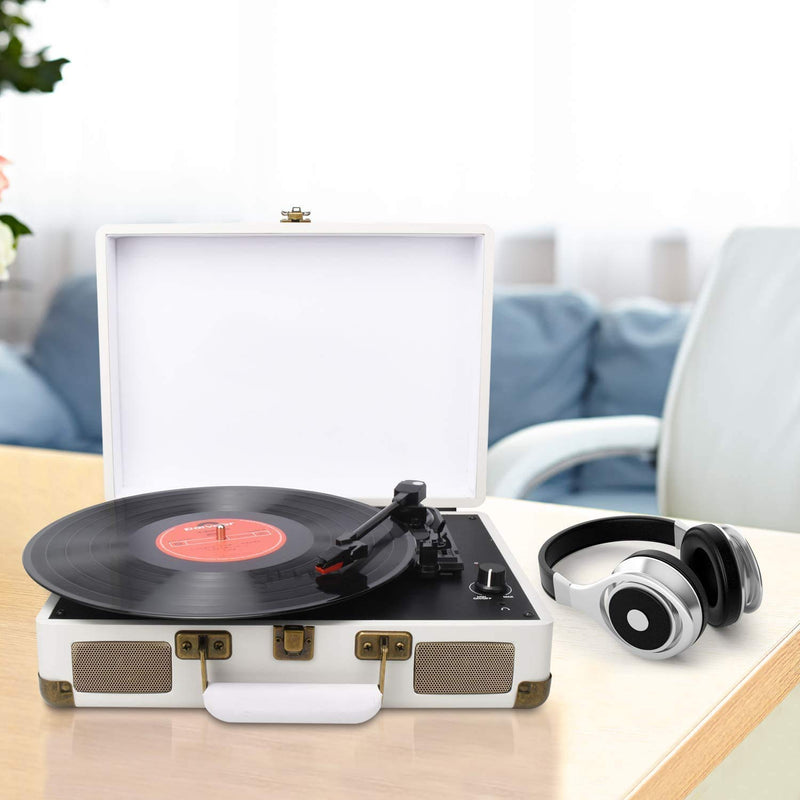 DIGITNOW! Vinyl Record Player 3 Speeds with Built-in Stereo Speakers, Supports USB / RCA Output / Headphone Jack / MP3 / Mobile Phones Music Playback,Suitcase Design WHITE