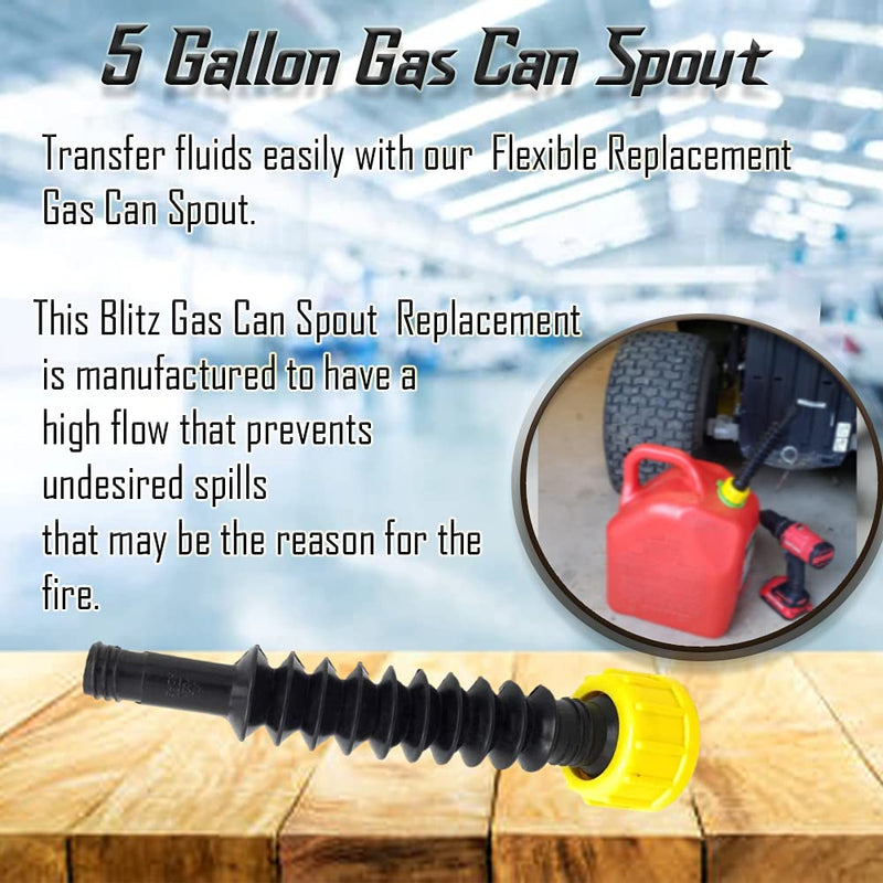 Retail Pack Flexible Replacement Gas Spout with 2 Screw Collar Caps(1 Fine & 1 Coarse - Fits Most Of The Cans), 2 Base Caps, 1 Stopper Cap and 1 Stainless Steel Filter/Flame Arrestor.