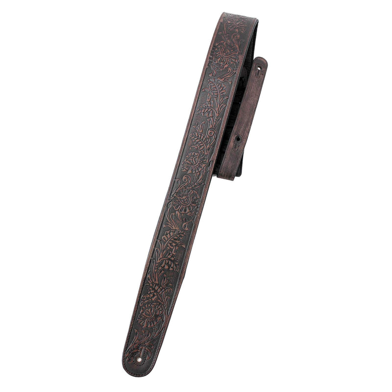 Walker & Williams LIF-03 “Weathered" Dark Brown Padded Guitar Strap with Live Oak Tooling