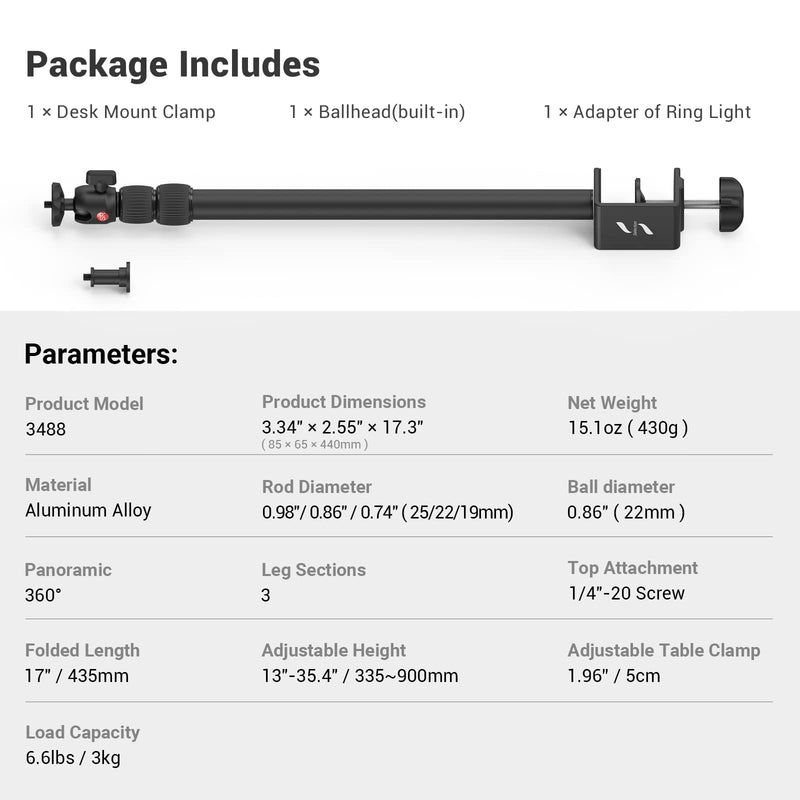 SmallRig Selection Desk Mounting Stand,19"-39" Adjustable Light Stand,Camera Desk Mount 360°Rotatable Ball Head for DSLR Camera,Ring Light