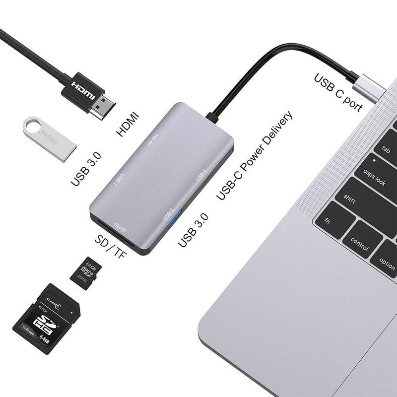 YYGJ Aluminum USB C Adapter 6 in 1 Thunderbolt 3 Hub with HDMI 4K Port,2 USB 3.0 Ports,SD/Micro SD Card Reader,USB-C Charging Port for MacBook, iMac, Chromebook and More Type C Devices