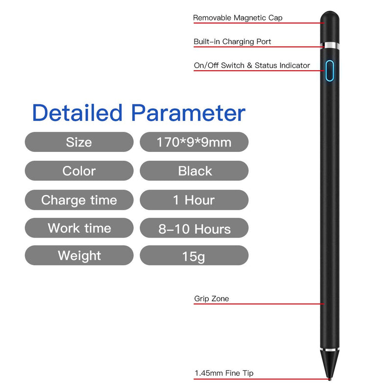 AICase Stylus Pens for Touch Screens, 1.45mm High Precision and Sensitivity Point IPad Pencil Fine Point Active Smart Digital Pen for Tablet Work at iOS and Android Touch Screen (Black) Black