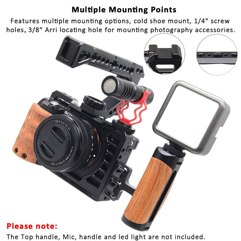 [AUSTRALIA] - Easy Hood Camera Cage for Sony A7C / ILCE-7C, Vlogging Video Rig Stabilizer Accessories with Wooden Handle Grip, Cold Shoe, 1/4" Mounting Points and 3/8" Locating Hole 