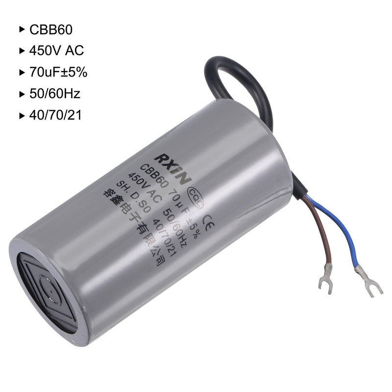 uxcell CBB60 Run Capacitor 70uF 450V AC 2 Wires 50/60Hz Cylinder 123x60mm with Terminal for Air Compressor Water Pump Motor