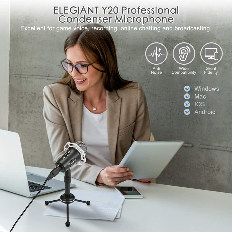 [AUSTRALIA] - PC Microphone, ELEGIANT Y20 Portable Condenser Microphone 3.5mm Plug & Play with Tripod Stand Home Studio Recording Microphone for Computer, Smartphone, iPad, Podcasting Karaoke, YouTube, Skype, Games 