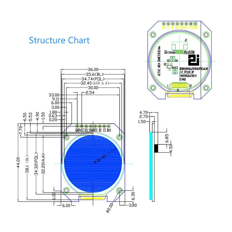 DC 3.3V 1.28'' LCD Display Module, RGB 240x240 GC9A01 Driver SPI Interface 240x240 Resolution for Instrument Display, Mobile Devices and Display Equipment