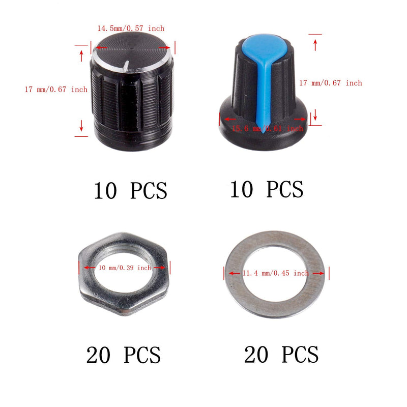 BOJACK 20 Sets B10K Knurled Shaft 3 Terminals Linear Taper Rotary Potentiometer(WH148)10K Ohm Single Turn Carbon Film Variable Resistor with Black Aluminum & Blue Plastic Knobs Kit