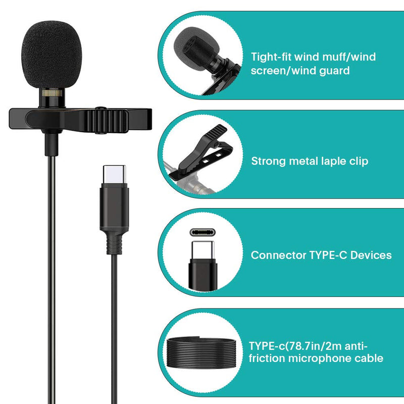 [AUSTRALIA] - Professional Type-C Lavalier Lapel Microphone for Android, Omnidirectional Condenser USB-C Lapel Clip-on Lapel Microphone Perfect for YouTube, Interview, Conference or Audio Video Recording (6.6ft 