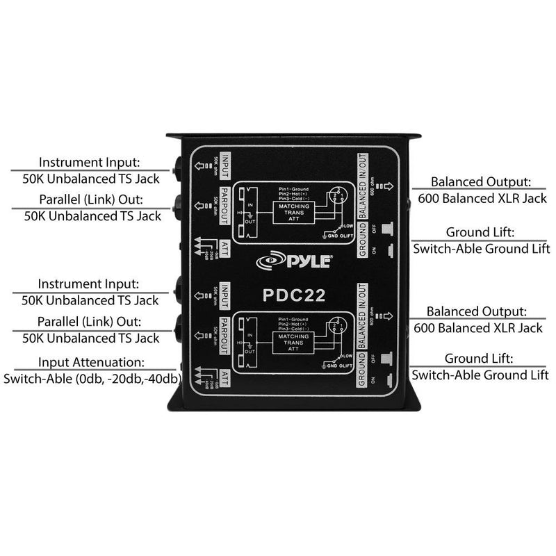 Premium Direct Injection Audio Box - Passive DI Unit Hum Eliminator w/ Input Attenuator to Connect Guitar & Bass - 1/4 Inch Impedance Transformer Connector to Balanced & Unbalanced XLR - Pyle PDC22