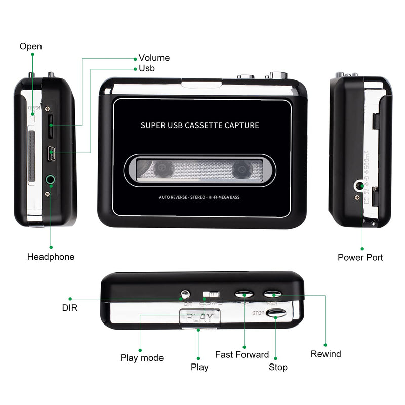 [AUSTRALIA] - PETELLA Portable Cassette Player USB Cassette Tape Player Captures Mp3 Audio Music, Cassette to Mp3 Converter Compatible with Laptops and Personal Computers Black-1 