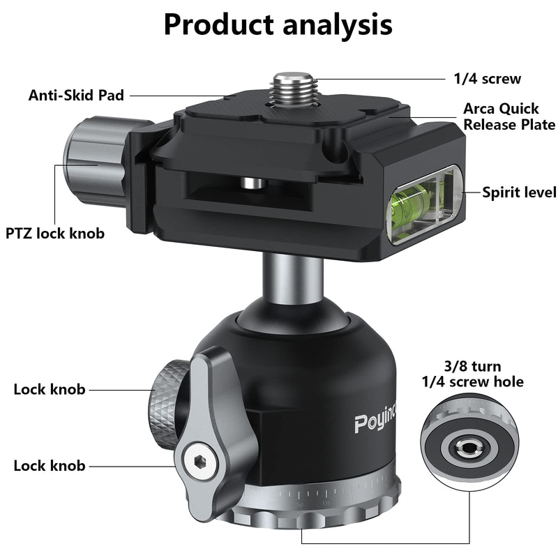 POYINCO Tripod Mini Ball Head 360 Degree Rotating Panoramic Ballhead with 1/4" Screw Quick Shoe Plate, for Tripod Monopod Slider DSLR Camera Camcorder,Max Load up to 5 kg/ 11lb 1/4" quick shoe plate