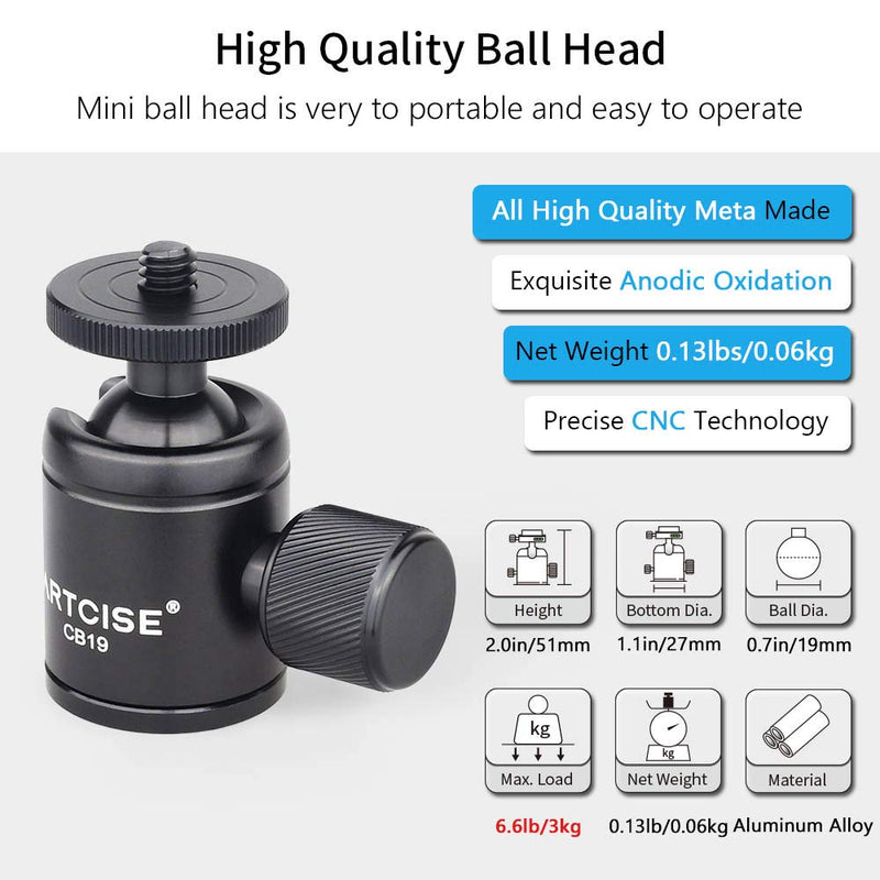 Mini Ball Head ARTCISE CB19 Tripod Ball Head （2 Packs） Portable CNC Machining Small Aluminum Ball Head 360 Degree Rotating Head for Phone & Light Weight Camera, Max Load 6.6lbs/3kg