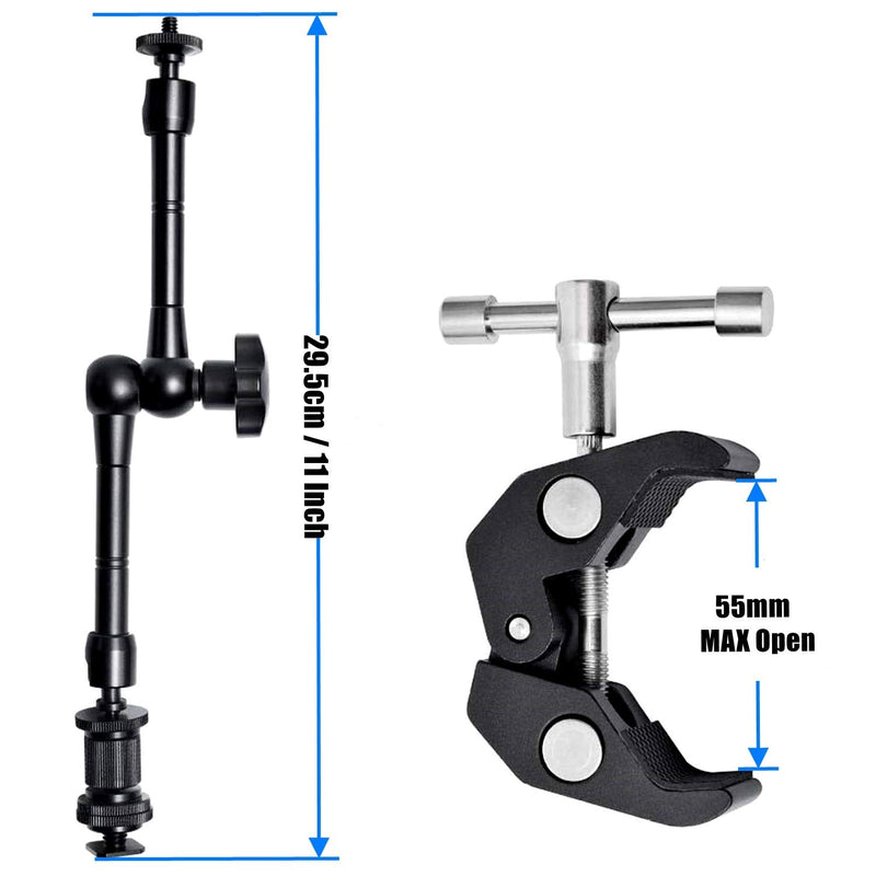 WANBY 11 Inch Articulating Friction Magic Arm Adjustable w/Hot Shoe Mount 1/4'' Tripod Screw for Camera Rig, LCD Monitor, LED Flash Lights (11'Arm & Clip)