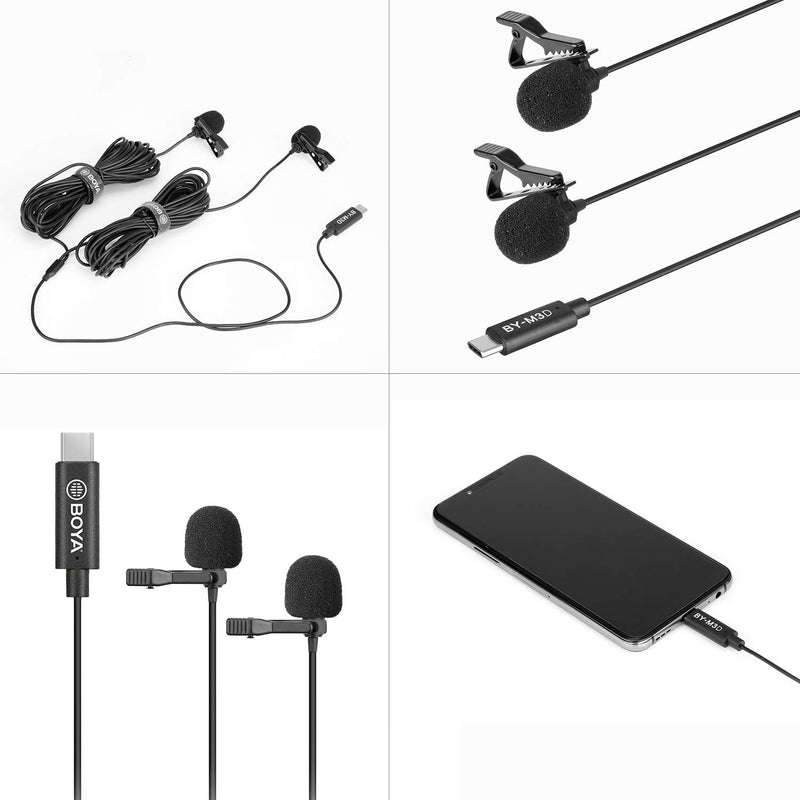 BOYA BY-M3D Digital Dual-Head USB Type-C Lavalier Microphones Compatible with iPad Pro, Mac PC, Samsung Android Devices