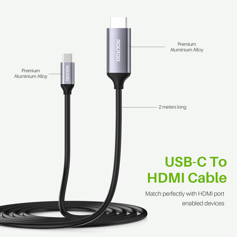 USB C to HDMI Cable 4K@60Hz, ROOROO USB C to HDMI Adapter [Thunderbolt 3 Compatible] for Samsung S20/Note 10, MacBook Pro 2020/2019, MacBook Air/iPad Pro 2020, Surface Book 2 and More for Home Office