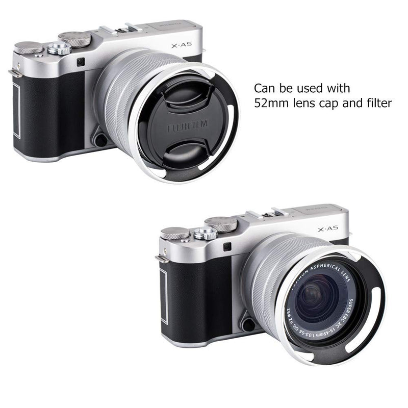 52mm Screw In Lens Hood Shade Cover for Fujifilm Fuji Fujinon XC 15-45mm F3.5-5.6 OIS PZ Lens on Camera X-T30 X-T20 X-T10 X-T200 X-T100 X-A7 X-A5 X-A10 X-E3 X-E2S XE2 X-S10 X-T4 X-T3 X-T2 Xpro3 Silver