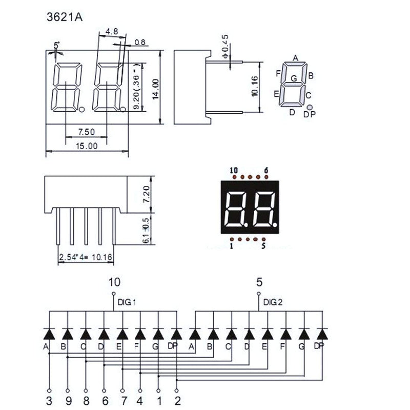 uxcell Common Cathode 10 Pin 2 Bit 7 Segment 0.59 x 0.55 x 0.28 Inch 0.35" Red LED Display Digital Tube 5pcs