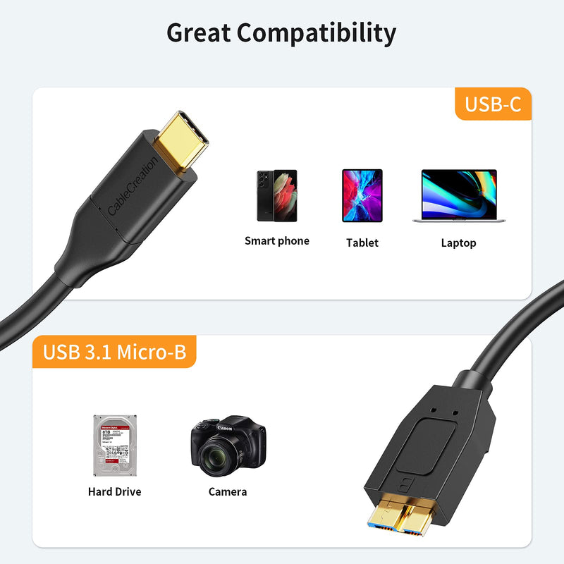 CableCreation Short USB C to Micro B 3.0 Cable Gen2 10Gbps 1FT USB 3.1 External Hard Drive Cable Compatible with MacBook Pro Air Galaxy S5 Note 3 etc, 0.3M Black 1