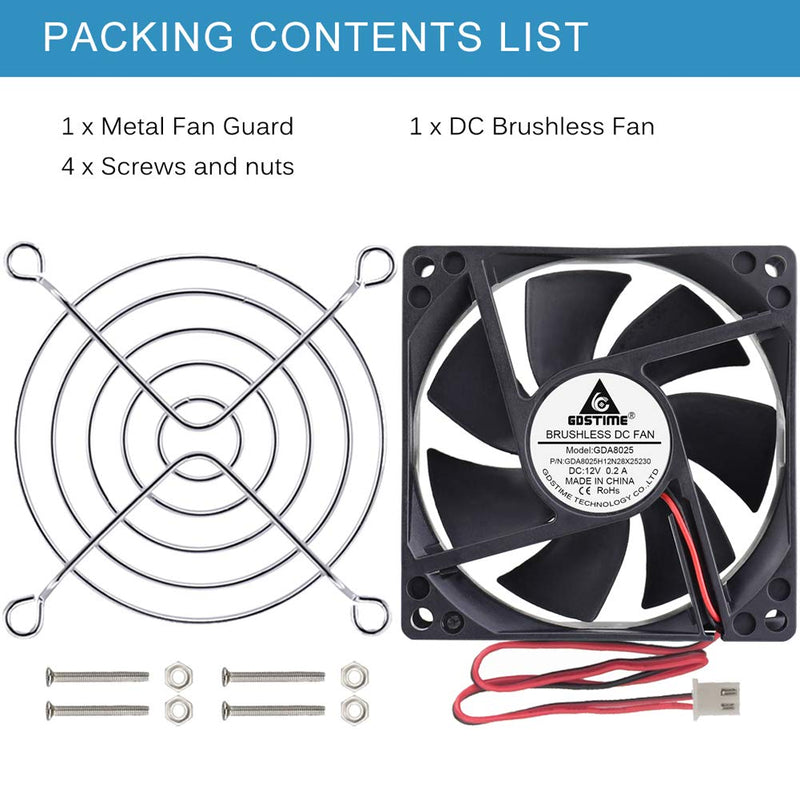 GDSTIME 80mm x 80mm x 25mm 12V Brushless DC Cooling Fan 1 pack 80mm fan