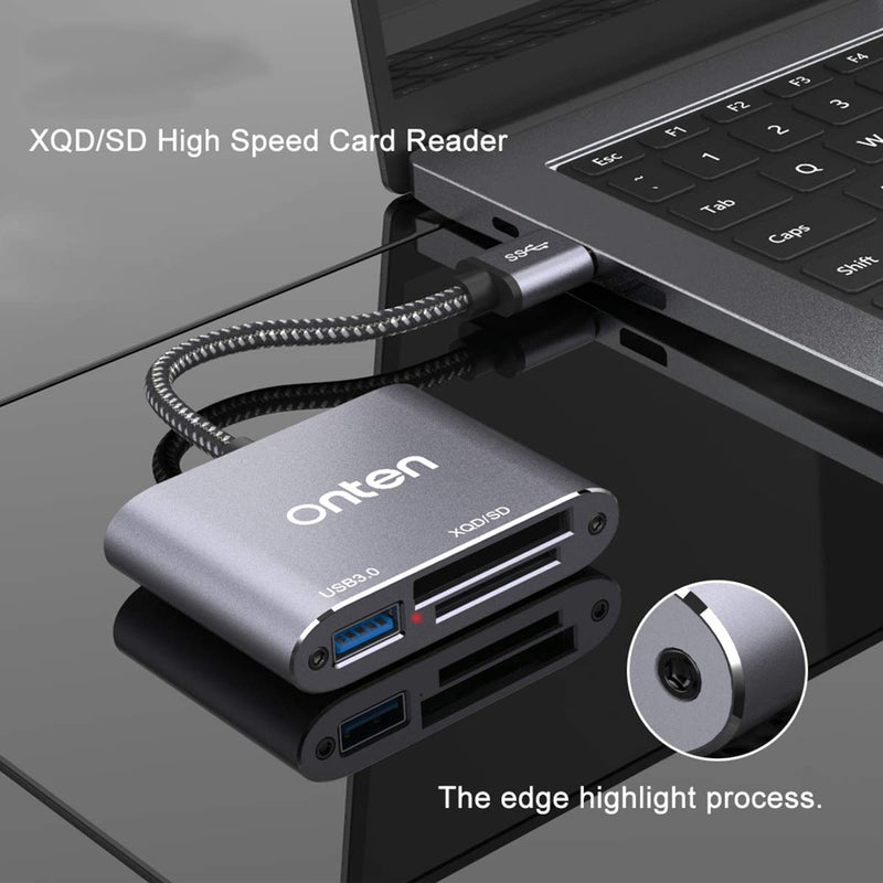 XQD Card Reader, ONTEN USB3.0 XQD/SD Card Reader, Compatible with Sony G/M Series, Lexar 2933x / 1400x USB Mark XQD Card, SD/SDHC Card for Windows/Mac OS System (Space Grey) Silver