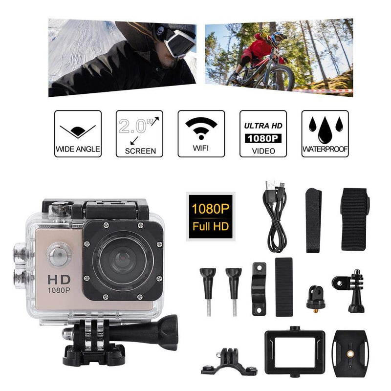 Action Camera, 1080P 30fps 12MP HD WiFi 30M Waterproof Sports Camera 2 Inch Touch Screen with Accessories for Vlogging, Diving, Skiing(Gold) Gold