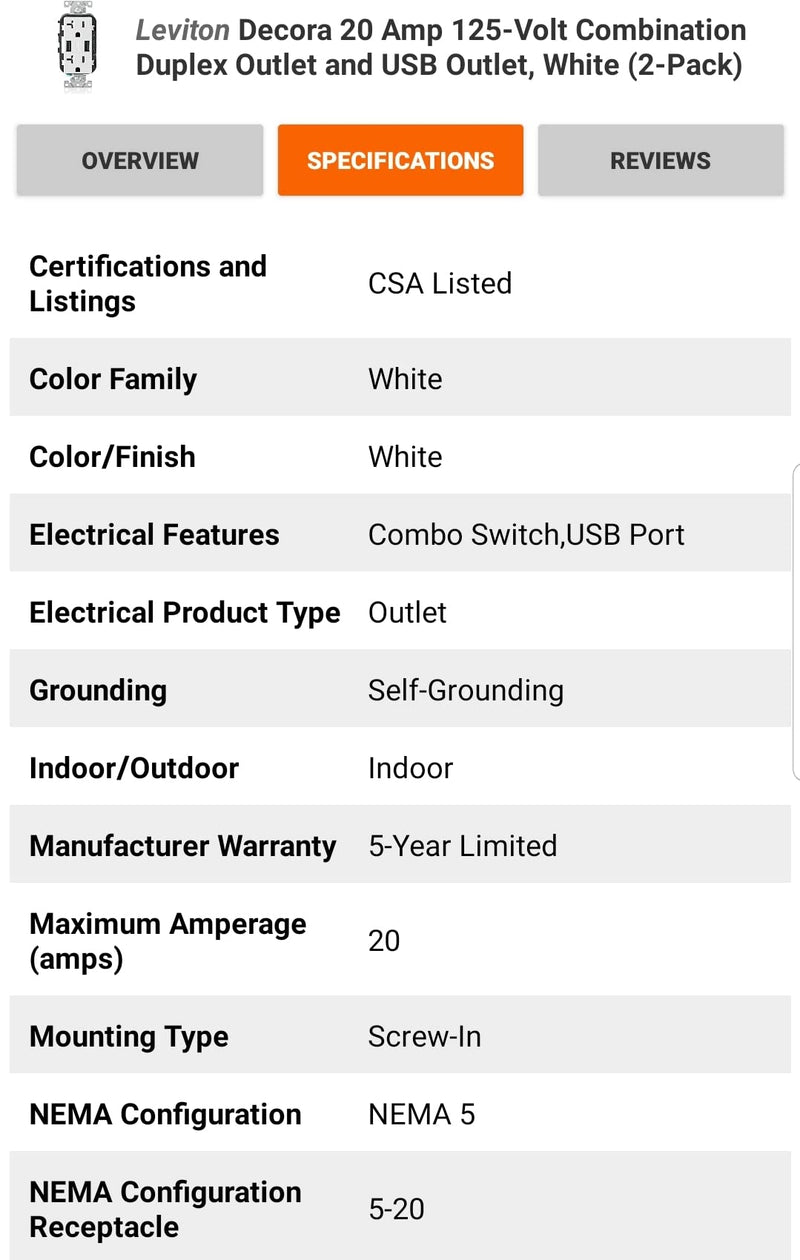 [AUSTRALIA] - Leviton T5832-2BW USB Dual Type-A in-Wall Charger with 20 Amp, 125 Volt Tamper-Resistant Outlet, White 