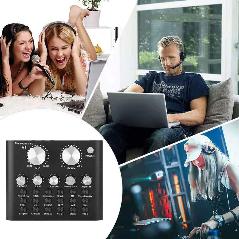[AUSTRALIA] - REMALL Bluetooth Mini Sound Card Mixer for Live Streaming, Voice Changer Sound Card with Effects, Audio Mixer for Music Recording Karaoke Singing Broadcast for iPhone,Cell Phone,Computer Laptop-V8A2 Dark Black 