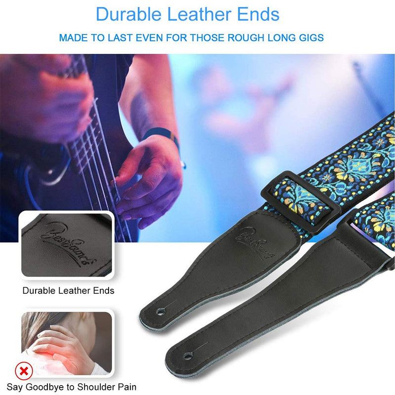 Guitar Strap Jacquard Weave Vintage Guitar Shoulder Strap with Durable Leather Ends for Bass, Electric & Acoustic Guitars (Blue-Yellow) Blue