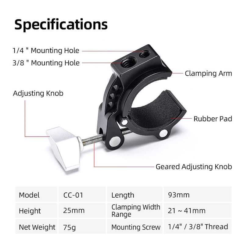 SunwayFoto Titan Tube Clamp CC-01 Accessory / Magic Arm Mount w 1/4" & 3/8" Sockets Ideal for 32mm & 36mm Legs
