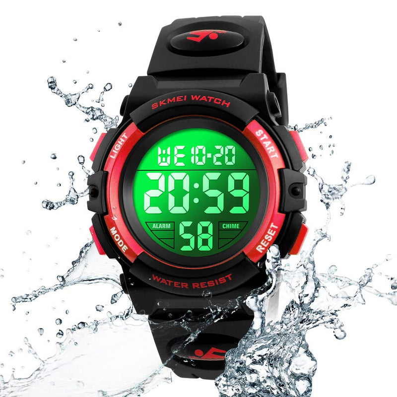 Boys Watch Digital Sports Waterproof Electronic Childrens Kids Watches Alarm Clock 12/24 H Stopwatch Calendar Boy Girl Wristwatch Black Red