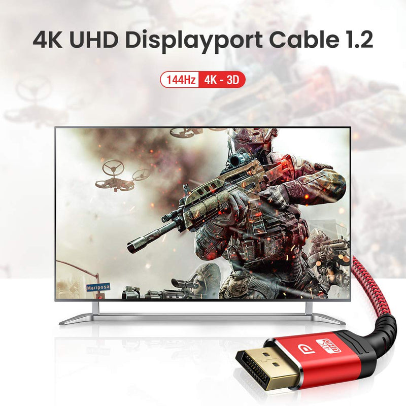 DisplayPort Cable15ft,Capshi 4K DP Cable Nylon Braided -(4K@60Hz, 2K@120Hz) Gold-Plated DP to DP Cable Ultra High Speed 1.2 Display Port Cable for Laptop PC TV etc- Gaming Monitor Cable (Red) 15Feet Red